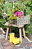 Colourful autumn bouquet of dahlias and goldenrod in a basket
