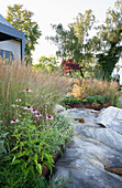 Grass and coneflowers in a garden bed between the rocks