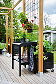 Black table with geranium on wooden terrace with pergola