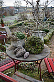 Stone pots, larch branches and Thuja wreath on garden table