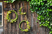 DIY-Blumenkränze aus Wildblumen an Holzwand neben Efeu