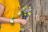 Person holding a colorful bouquet of wild flowers