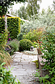 Stone path through a garden with a variety of plants and a stone bench