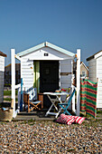 Beach hut on West Sussex coastline, England, UK