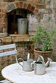 Pair of watering cans on garden table
