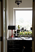View through open door to desk in front of window with houseplant on sill