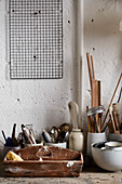 Tools on workbench in Brighton studio of ceramic artist East Sussex, UK