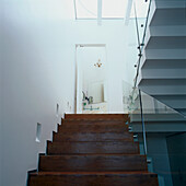 Zeitgenössisches offenes Treppenhaus mit Lapacho-Holz-Metall- und Kristallglasgeländer