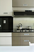 Modern style kitchen with stainless steel oven and kettle on hob