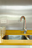 Mixer tap on double sink with mixer tap and glasses draining
