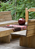 Bench seats on outdoor terrace with orb
