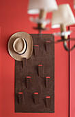 Sunhat on metal coat rack mounted on red wall