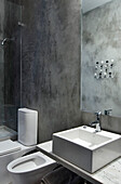Wash basin and shower cubicle in concrete bathroom