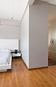 Modern bedroom with doorway leading to bathroom, Palermo, Buenos Aires, Argentina