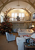 Christmas tree in split level 1840s Victorian school house conversion