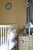 Blue gingham co-ordinating nursery room with white painted cot