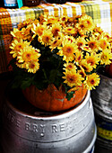Gelbe Blumen in einem Kürbis auf einem Metallfass bei einem Sommerfest