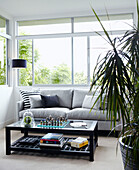 Graues Sofa und Zimmerpflanze in einem Wohnzimmer mit Glasschiebefenstern