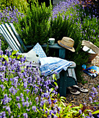 Sunhat on bench in lavender garden Whitby