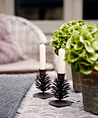 Brass candle holders and pot plants on wicker table