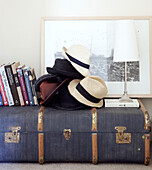 Books and hats on old blue suitcase