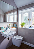 Toilette und Waschbecken unter verspiegeltem Badezimmerschrank in einem Haus in Speldhurst, Kent, England, UK