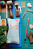 Pencil case and art equipment on desk in Country Durham home, North East England