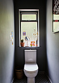 Toilet and uncurtained window in grey cloakroom of Sligo newbuild, Ireland