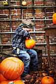 Young boy carving face in pumpkin outdoors