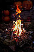 Outdoor bonfire with pumpkins in background