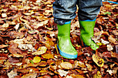 Young boys colourful wellington boots in autumnal leaves