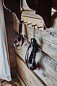 Head lamps hung in hall to help on dark winter nights.Wooden cabin situated in the mountains of Sirdal, Norway