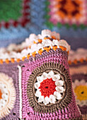 Close-up of Colourful crocheted blankets