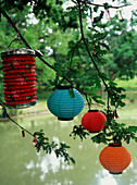 Colourful paper concertina lanterns hanging on tree branches