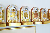 Candle holders on decorative wall mounted shelves in Massachusetts home, New England, USA