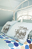 Bear cushions on four postered bed in Berkshires home, Massachusetts, Connecticut, USA