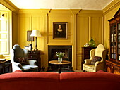 Yellow drawing room in Georgian townhouse in Laughame, Wales, UK