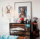 Mirrored chest of draws in bedroom
