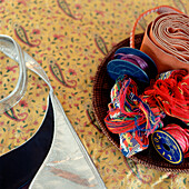 Detail of sewing kit ribbons and thread