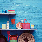 Blue painted brick wall with open shelves with plastic garden tableware displayed