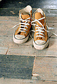 Pair of casual boots on a wooden floor