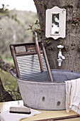 Makeshift wash stand and wash board with mirror mounted on tree-trunk, UK