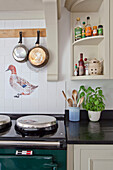 Kräuter und Gewürze neben dem Kochfeld mit Entenspritzschutz in der Küche eines Landhauses in Wiltshire, England UK