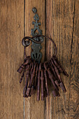 Rusty keys on metal door handle in Guildford farmhouse Surrey England UK