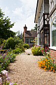Gravel terrace outside 1920s country house in Haslemere, Surrey, UK