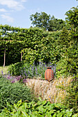 Urn in grasses with flowers and pergola in Haslemere garden, Surrey, UK