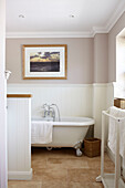 Freestanding bath in Bembridge beach house, Isle of Wight, England, UK