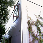 Mit Polycarbonat verkleidete Wand mit metallgerahmten Fenstern eines modernen, von einem Architekten entworfenen Reihenhauses