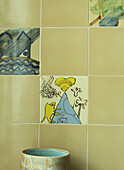 Painted tiles in bathroom close-up