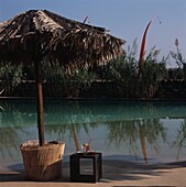 Cocktails unter einem Sonnenschirm aus getrockneten Palmenblättern am Luxus-Swimmingpool
